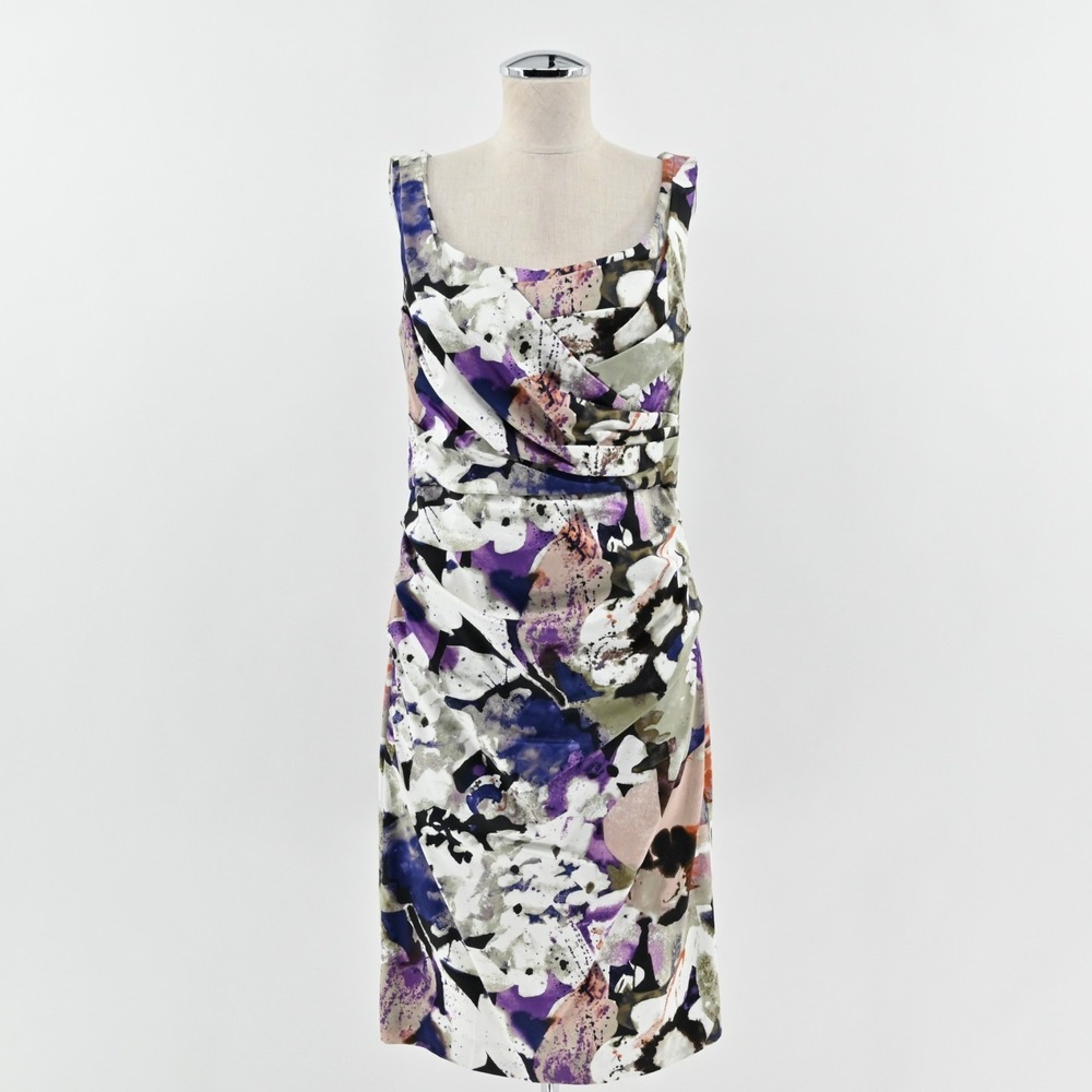 Suzi Chin Floral Pleated Sheath Dress Womens Size 14 Purple Ruched Garden Party